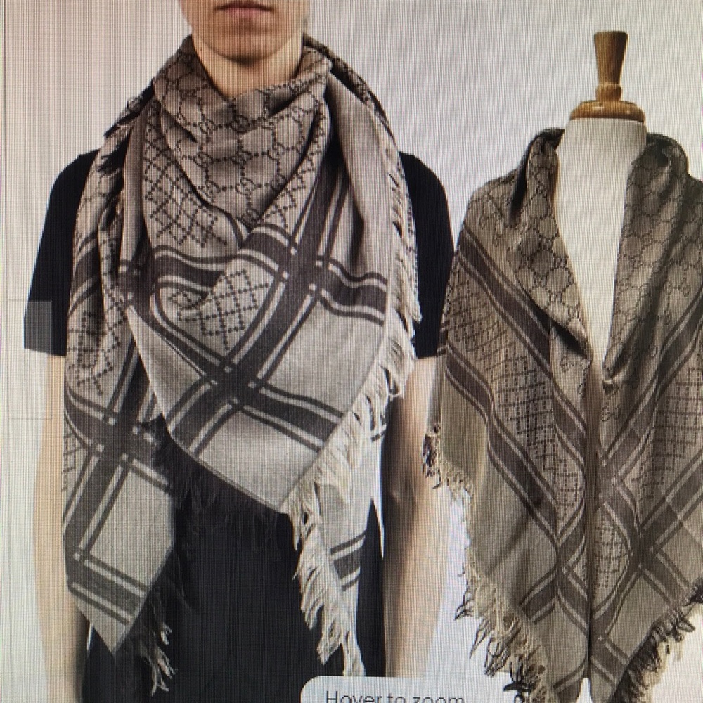 Gucci GG logo Diamanté Wool Silk Brown Survive Shawl square 55” scarf